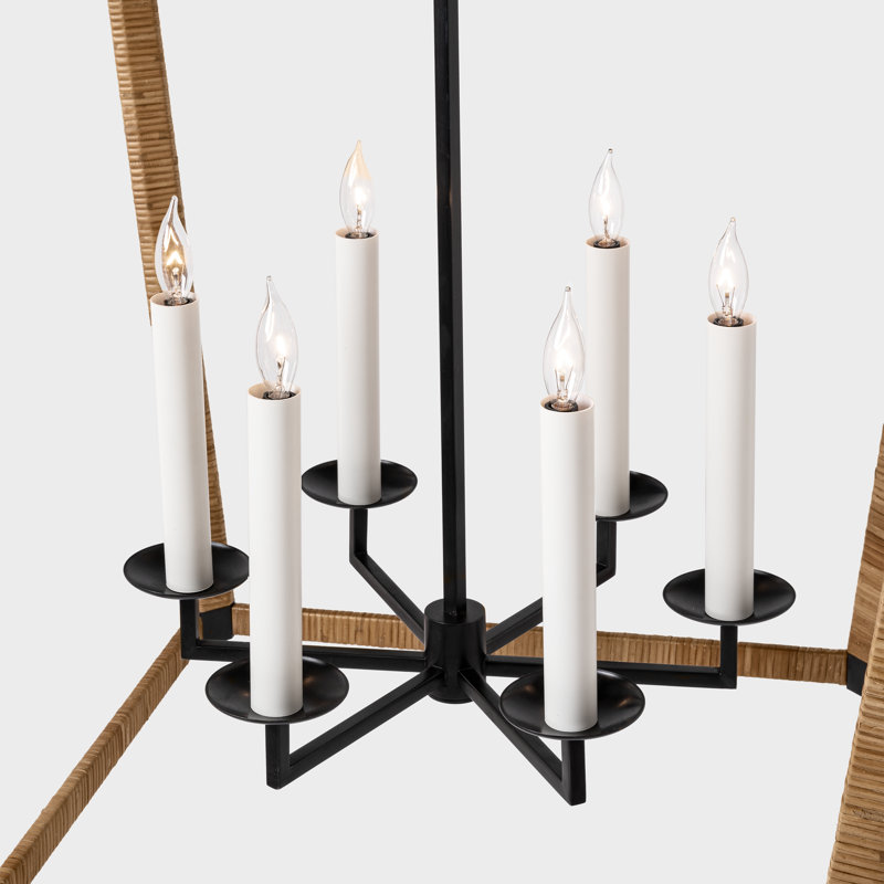 Darlana 6 - Light Chandelier, 42" H x 29" W x 29" D, Aged Iron/Natural Rattan