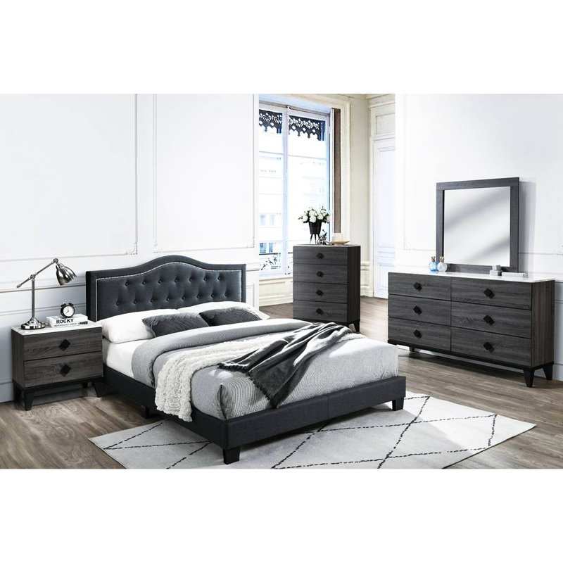 Structure de lit européen avec tête de lit à boutons capitonnée, support central, chambre à coucher de style essentiel avec toile de jute gris anthracite, aucun sommier requis, meubles