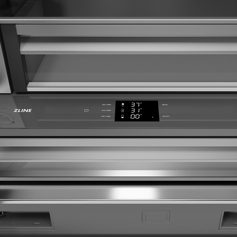 ZLINE Autograph 36 in. Black Steel French Door Fridge w/ Stainless Interior & Bronze Helix Handles, Champagne Bronze