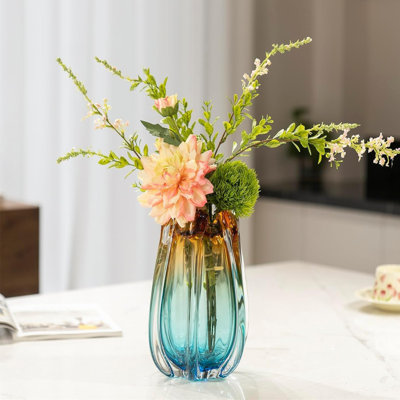 Hand Blown Glass Flower Vase – Unique Wide Mouth Small Modern Art Deco Vase For Home Living Room, Office, Table Centerpiece, Bookshelf, Wedding Decor