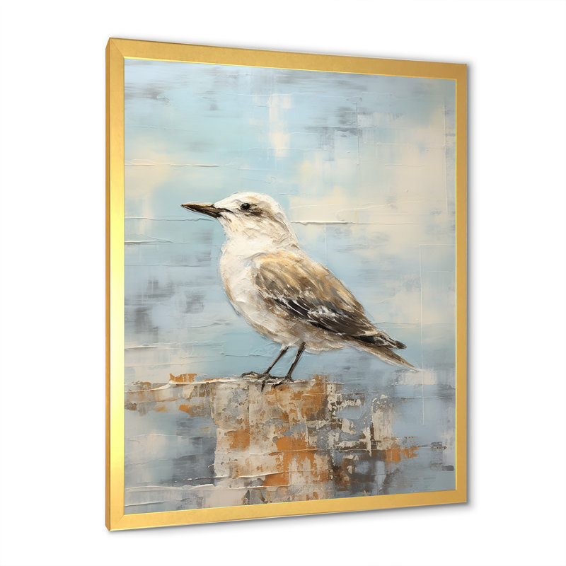 Beige et bleu mouette tranquillité sur toile, Cadre doré simple, H 40 po x l 30 po x P 1,5 po