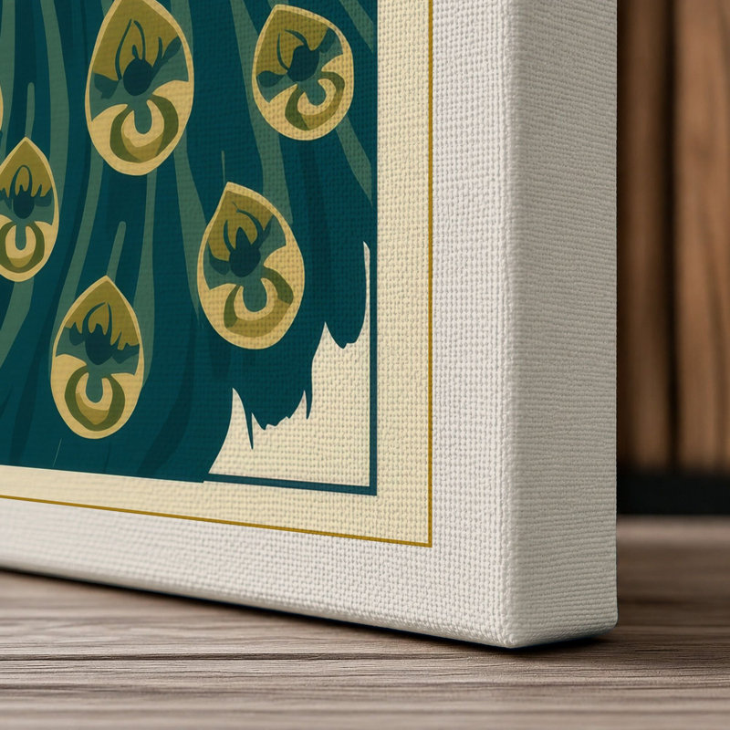 Ornamental Peacock Art Deco - Wrapped Canvas, 30x20 - 76.2 x 50.8 cm, Cream Border