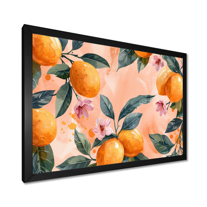 Art floral jaune jaune, rose, orange, arbres III, Cadre simple noir, H 24 po x l 32 po