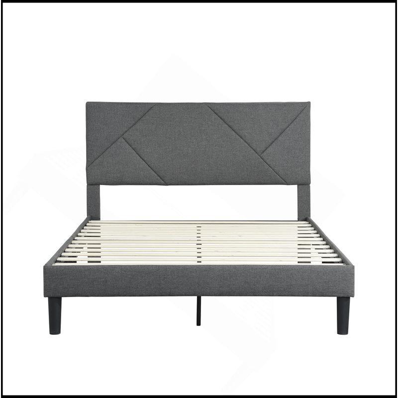 Structure de lit double tapissier pleine grandeur avec tête de lit, support de lattes en bois massif, sommier à ressorts, aucun sommier requis, assemblage facile, gris