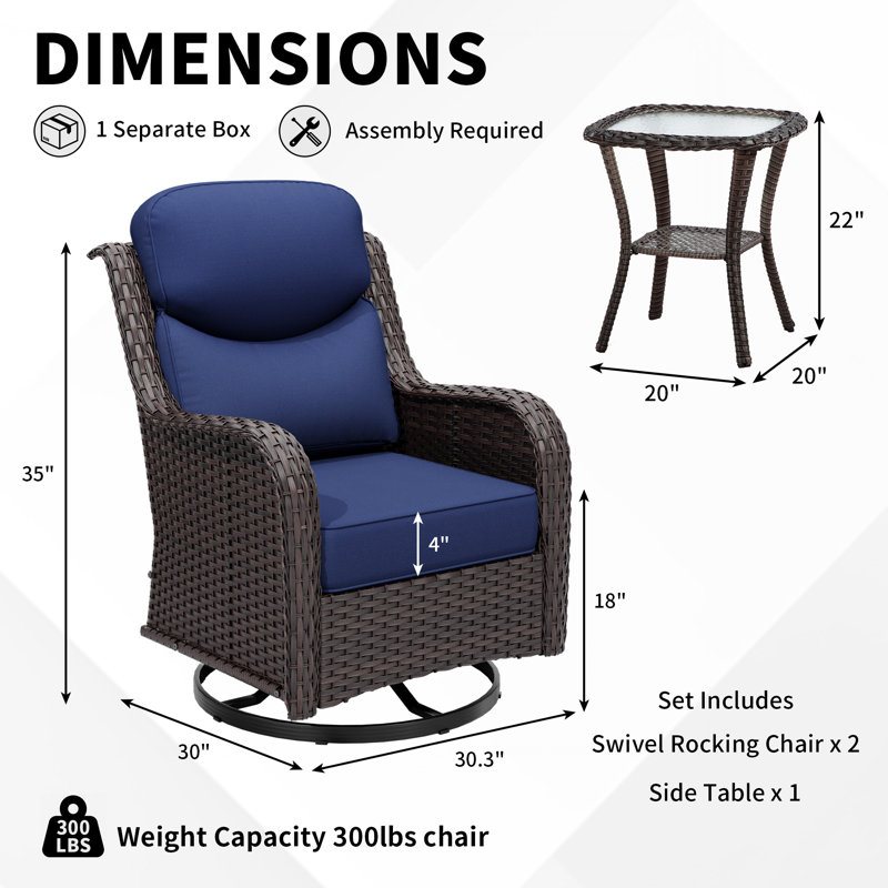 Ensemble de patio extérieur en osier pour 2 personnes, 2 chaises pivotantes et 1 table d'appoint avec coussins, Bleu