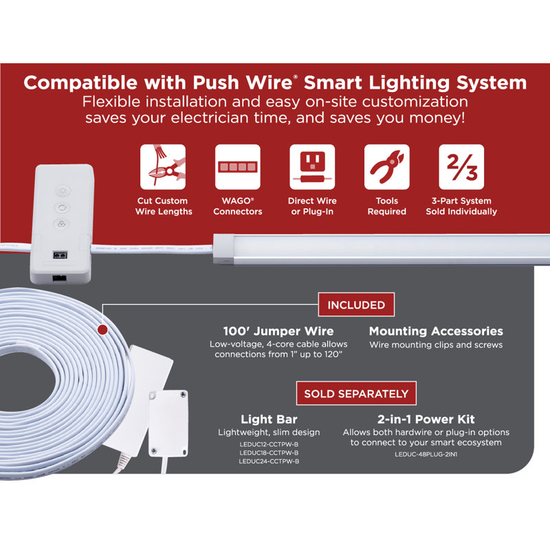 BLACK+DECKER PureOptics Professional PUSH WIRE 100' Jumper Wire Spool for Under Cabinet Lighting, Flat 5/6" or 8mm Cable, 4-Core CL2 Compliant, Non-Metallic, White