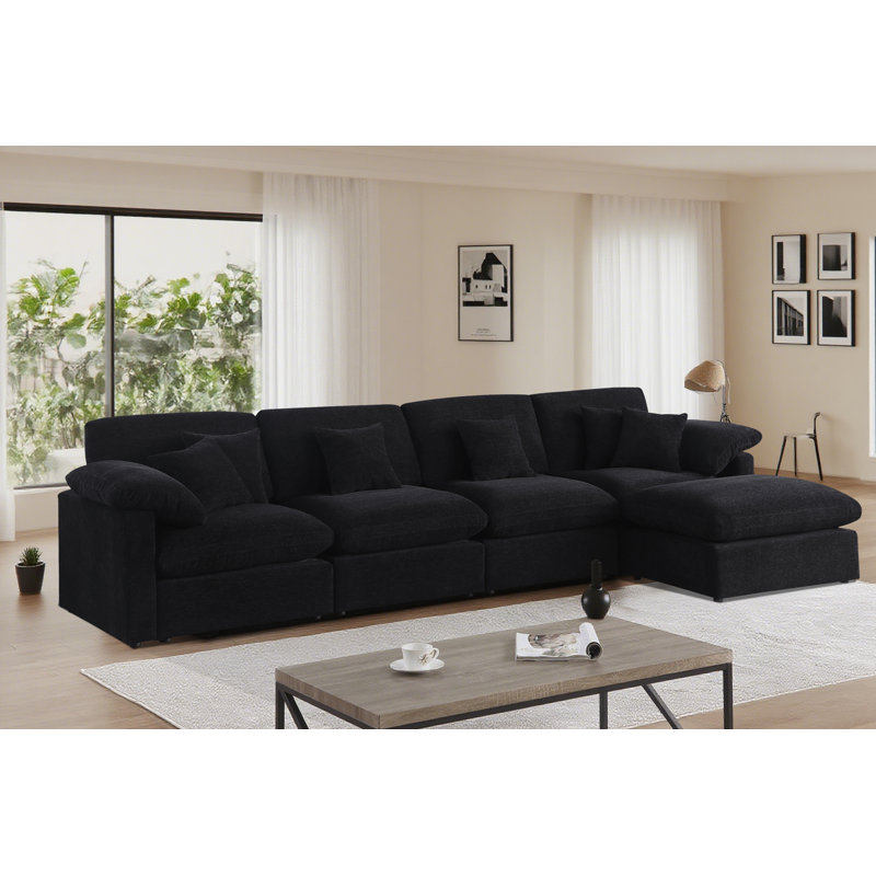 Canapé modulaire en forme de L de 153 po avec canapé-lit et coussins amovibles noir nuage , Chenille noir