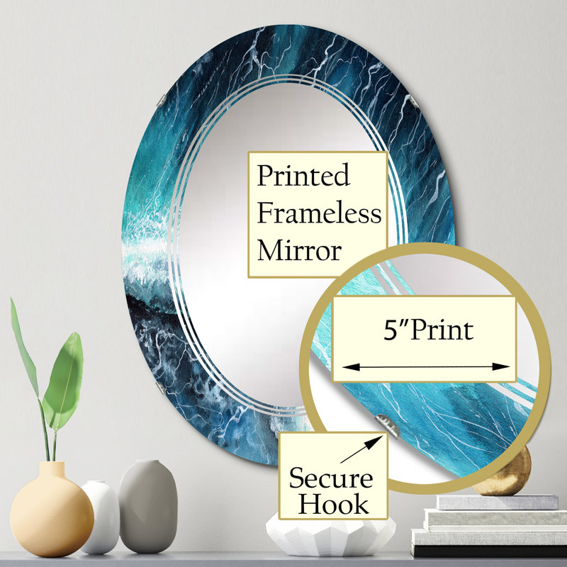 Navy Ocean Waves Wall Mirror, Nautical & Coastal Oval - Navy Blue Ocean Waves With White Seafoam I, 30" x 20"