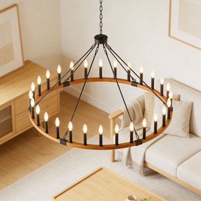 Solid Wood Wagon Wheel Chandelier, 48-Inch Farmhouse Lighting Fixture With 30 Lights For Dining Room, Living Room, Kitchen Island, Entryway And High Ceilings