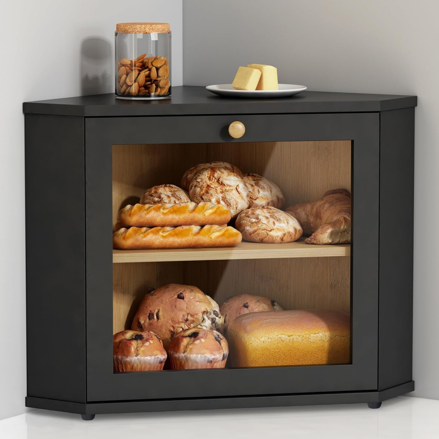 Loon Peak® Bamboo Corner Bread Box for Kitchen Counter, 2 Tier Bread Keeper Wooden Round | Wayfair