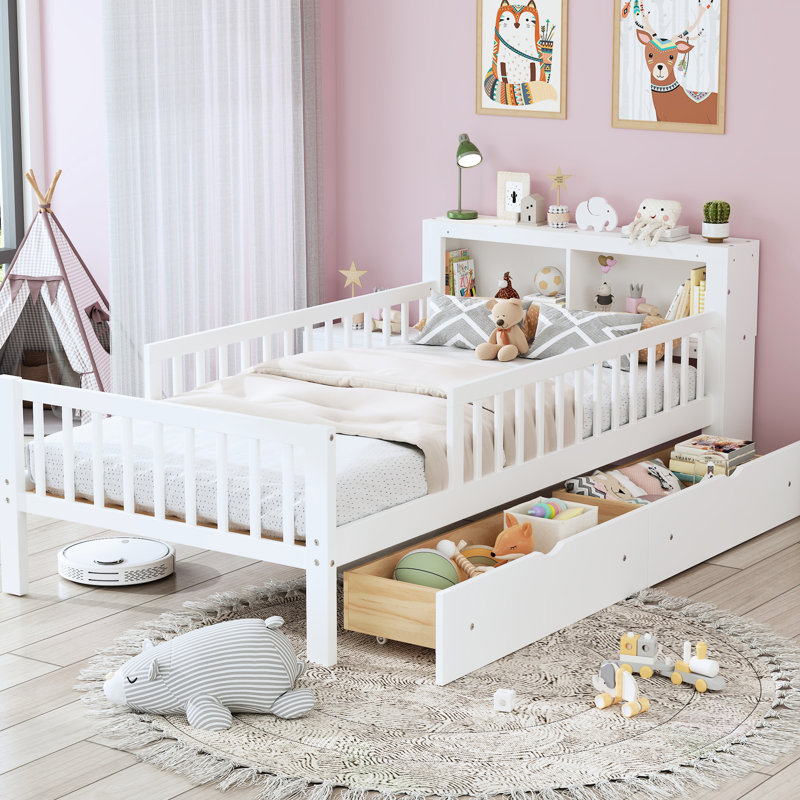 Lit simple avec rangement pour tête de lit - Deux garde-corps sous les tiroirs, modernité blanche et design élégant, Blanc