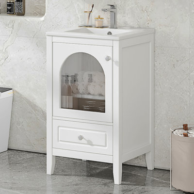 Meuble-lavabo de salle de bain avec lavabo, armoire de salle de bain avec porte en verre à fermeture douce, un tiroir,