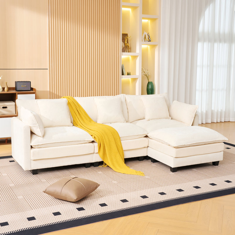 Canapé modulaire à 3 places avec repose-pieds de rangement pour espaces de vie, Beige