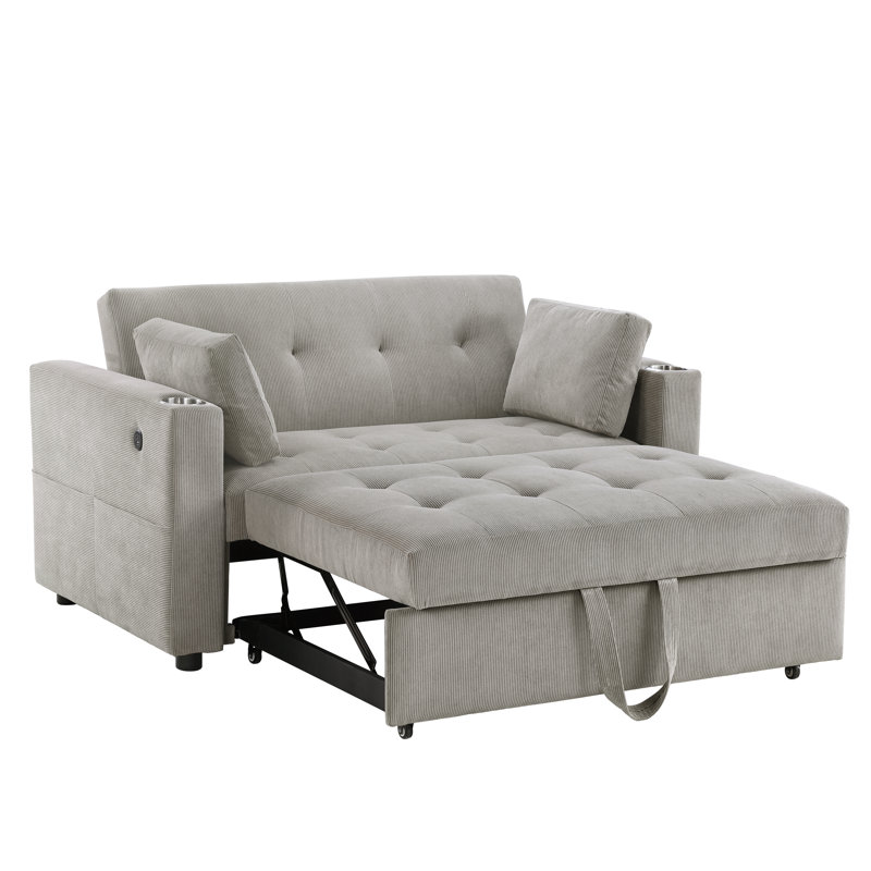 Causeuse-lit en velours côtelé noir L 57 po avec porte-gobelets, ports USB, poches pour magazines, coussins, capitonnage Luelle