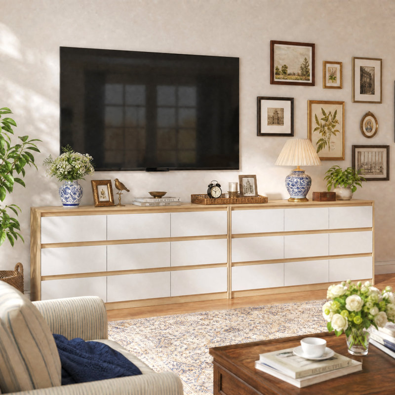 Commode double en bois manufacturé et solide 18 tiroirs Janeiya , Brun / blanc