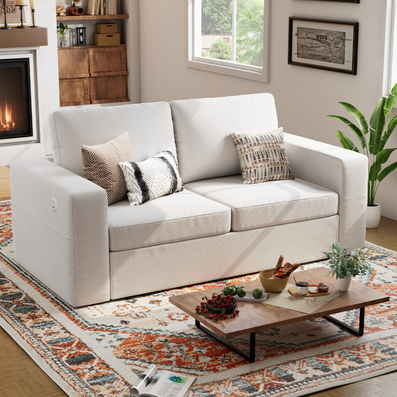 Mangino Modern Upholstered Square Arm Loveseat With Storage Pockets & Built-In USB Port - Chenille Gray, Beige