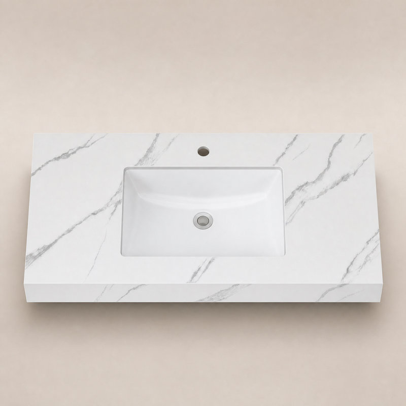 35.8" W Sintered Stone Bathroom Vanity Top with Undermount Ceramic Sink, White Marble‑Look Countertop with Pre‑Drilled Faucet Hole