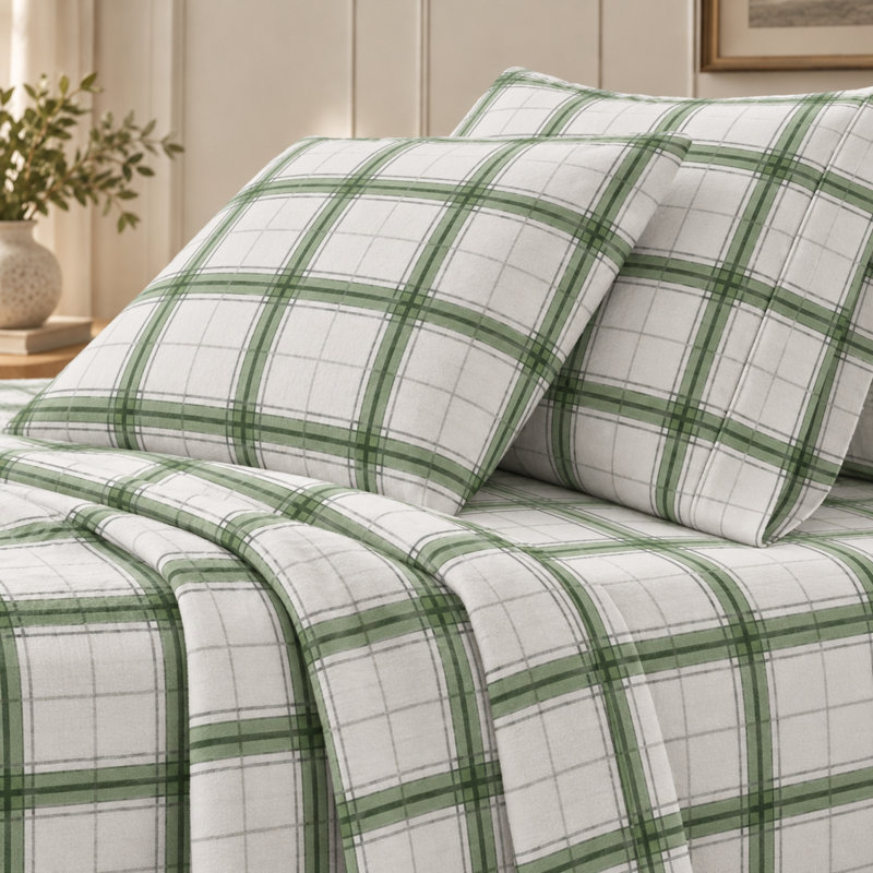 Ensemble de draps 100% flanelle de coton écossais, Ensemble de draps très grand californien avec 2 t, Vert et gris rayé