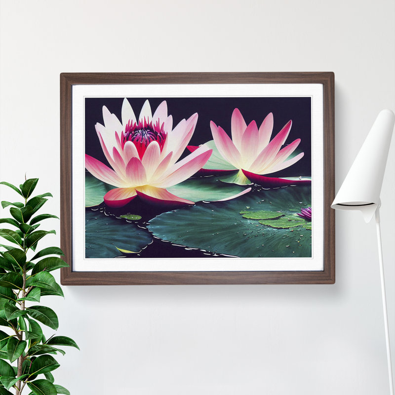 Grand Water Lily Flowers - Print, 25cm H x 34cm W, Walnut