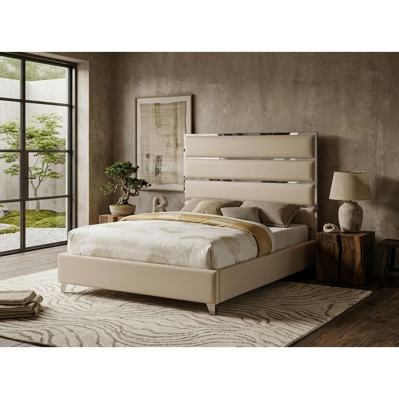 Lit plateforme en velours beige Laura, Beige, Très grand lit