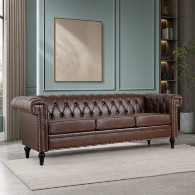 Square-Arm Tufted Faux Leather Sofa with Nailhead Accents