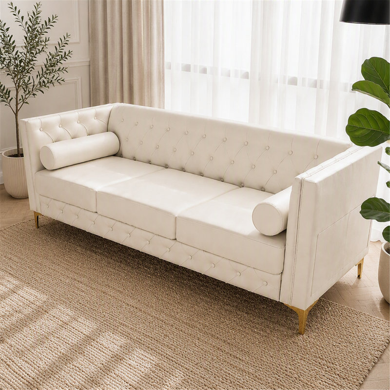 Canapé avec pieds en métal, canapé 3 places avec dossier capitonné, 2 traversins, Cream White Faux Leather