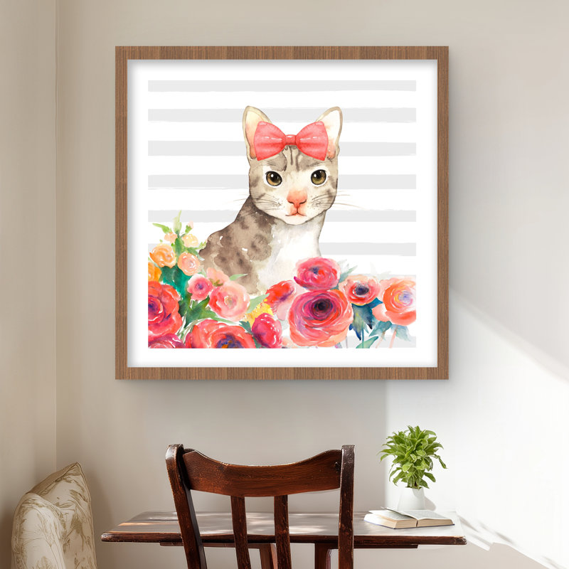 Petit chat avec des fleurs - reproduction d'art pour enfants pour la décoration intérieure, Brun, H 24 po x l 24 po