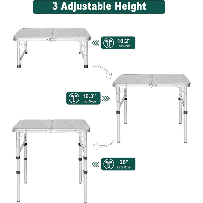Small Folding Table 2 Feet, Small Foldable Table Adjustable Height, Lightweight Portable Aluminum Camping Table, 3 Heights, 23in x 15 in x 10 in