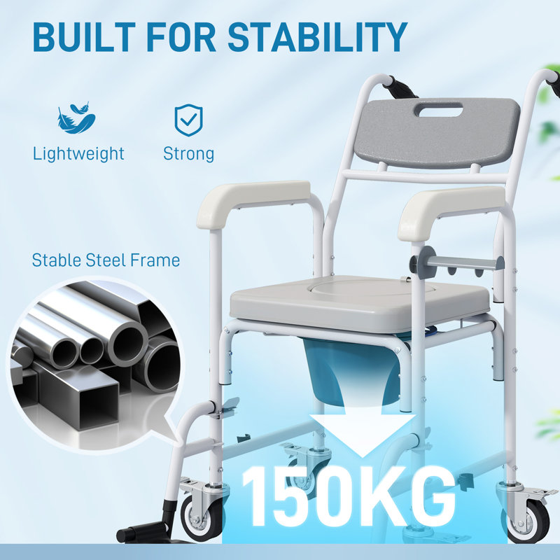 Chaise de douche à roulettes 4 en 1, fauteuil de chevet avec siège, dossier, accoudoirs, chaise de douche pour personnes âgées, adultes, blessés ou handicapés, gris