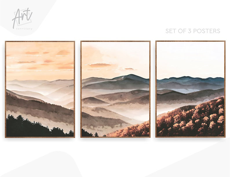 «Great Smoky Mountains», ensemble de 3 reproductions d'art mural, H 14 po x l 33 po, Affiche non encadrée