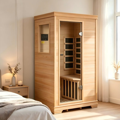 1-Person Indoor Infrared Sauna, Hemlock Wood, 35" x 27" x 61", 960W/120V, Built-In Speaker, Reading Light and Tea Tray