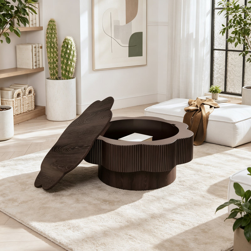 Table basse 31,50 "en forme de fleur moderne, table basse en forme de fleur de prunier avec rangement - placage en bois naturel, pour salon, appartement, bureau, facile à assembler, brun foncé