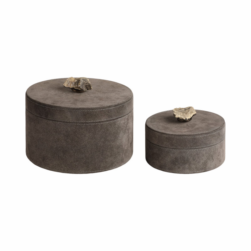 Boîte à souvenirs élégante avec finition en suède - Élégante décoration de rangement avec poignée en pierre pour le bureau et la chambre à coucher - Boîtes décoratives modernes avec couvercle pour bijoux ou accessoires - ensemble de 2, 8 po, gris