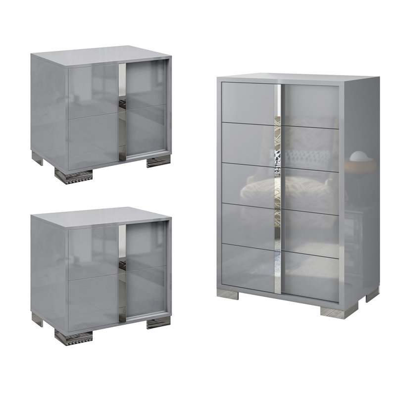 3 Pieces Modern Highlgloss Bedroom Set, Gray
