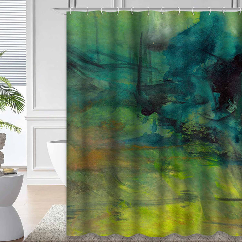 Rideau de douche abstrait vert avec peinture à l'huile et 12 crochets, L 72 po x l 72 po