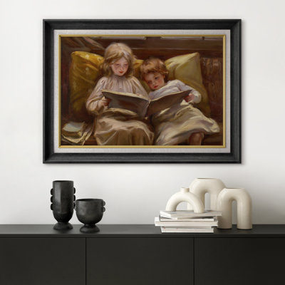 Children Reading Together Warm Interior Artwork, Cozy Bedroom Living Room Pictures, Framed Canvas Giclee Print Wall Art.