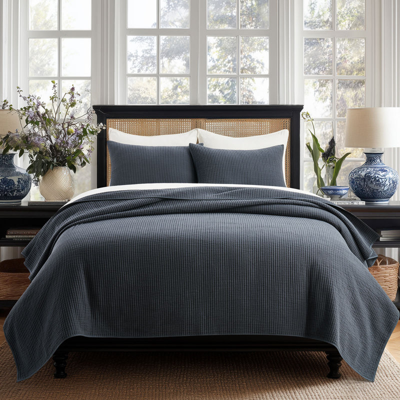 Ensemble de couvre-lit en coton côtelé matelassé, Courtepointe pour lit grand + deux taies décorati, Bleu minuit