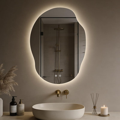 Miroir de salle de bain asymétrique DEL 35 po x 25 po - Miroir de courtoisie rétroéclairé avec antibuée, éclairage à intensité variable en 3 couleurs et fonction mémoire