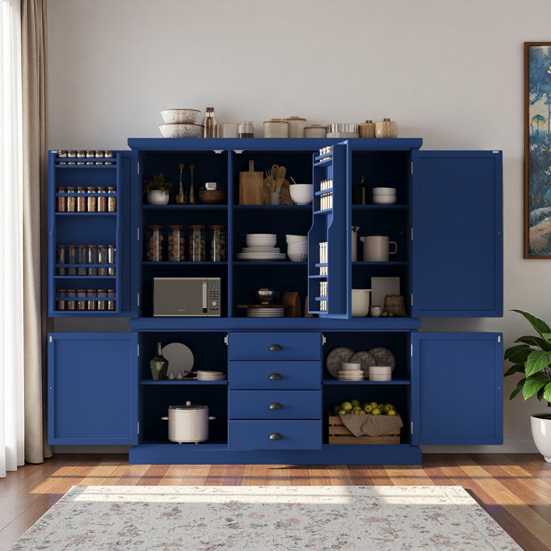 Garde-manger autoportant en bois avec armoires, tablettes de porte, tablettes réglables et tiroirs, Bleu