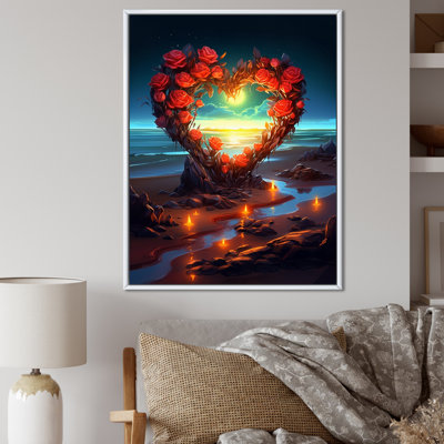 " Vibrant Red Roses Hart On Sunset Beach "