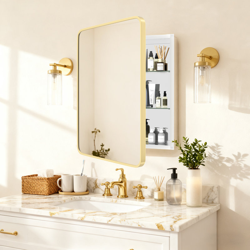 Armoire à pharmacie en aluminium avec miroir, Doré, H 28 po x l 22 po x P 3,8 po