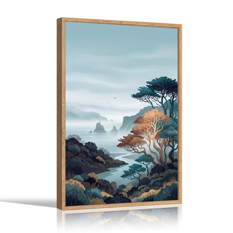 Golden And Teal Trees Along A Misty River Valley Canvas Wall Art, 24"H x 18"W