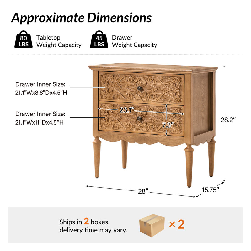 Hayter Traditional 28"Tall 2-Drawer End Table with Solid Wood Legs and Simple Assembly, Oak