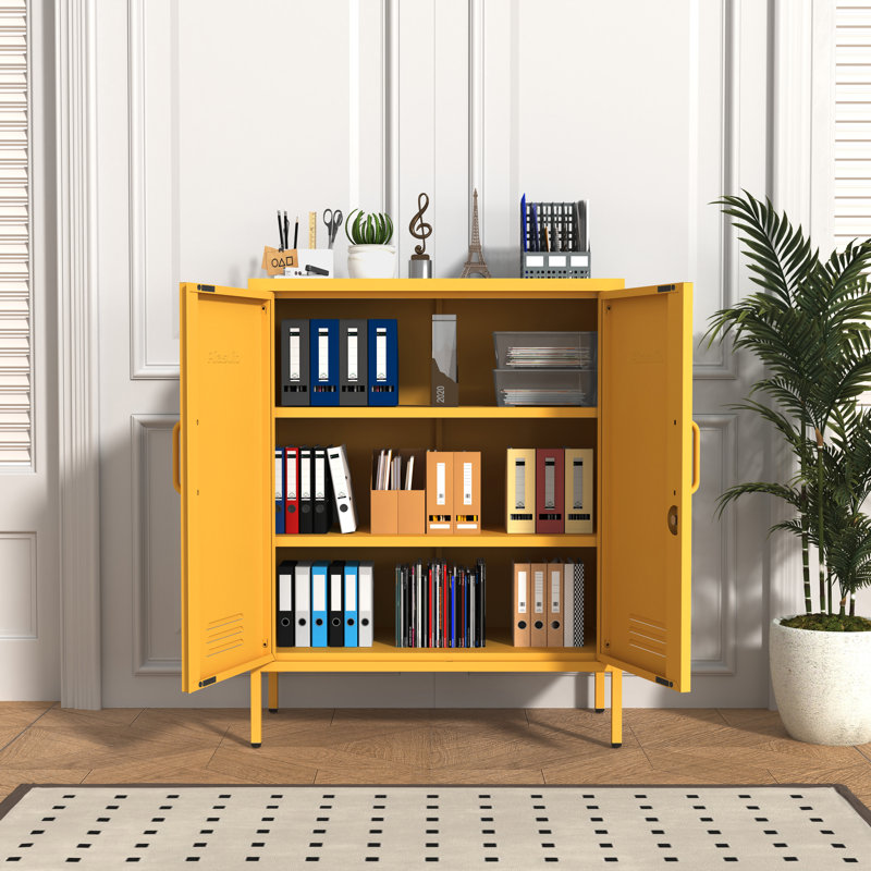 Multipurpose Metal Storage Cabinet with 2 Adjustable Shelves, Heavy Duty & Lockable Storage Organizer Made of Thickened Steel, Easy to Assemble for Home, Living Room