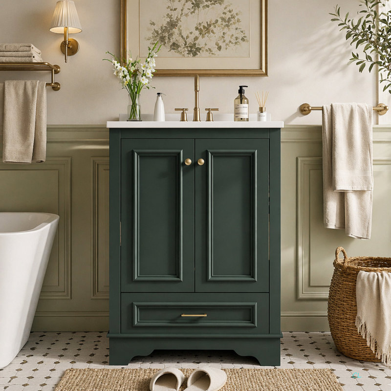Meuble-lavabo 24 po avec lavabo en céramique, armoire de rangement autoportante moderne avec poignées, portes à fermeture douce