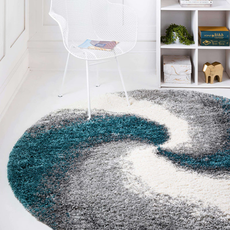 Tapis abstrait kaki , Rond 3 pi 3 po, Turquoise/Gris