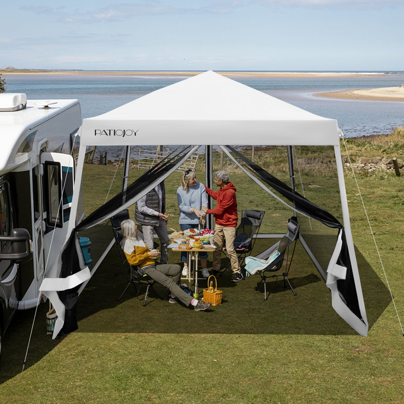 White 10 Ft x 10 Ft Metal Pop-Up Canopy with Mesh Sidewalls