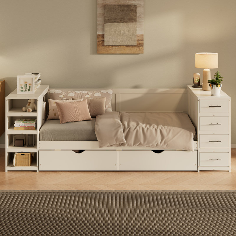 White Wooden Twin Size Daybed with Side Shelves & Drawers, Storage Bed with Multi-Functional Desk and Charging Station