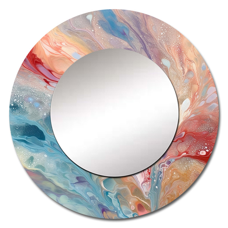 «Blue Pink Luminous Liquids I» - miroir décoratif abstrait, miroir mural rond moderne, impression d'art en métal