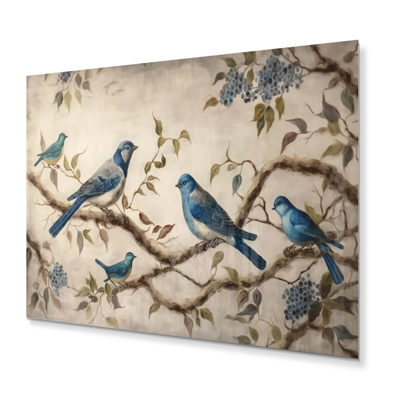 Décoration murale en métal quatre oiseaux bleus rétro sur une branche I - animaux oiseaux, H 12 po x l 20 po